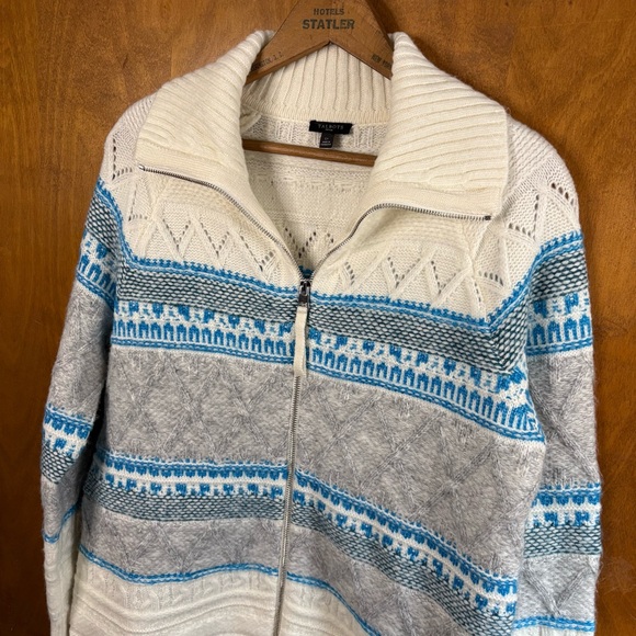 Talbots Ivory Blue Full Zip Fair Isle Cable Knit Cardigan Sweater Fisherman Soft - Picture 8 of 16
